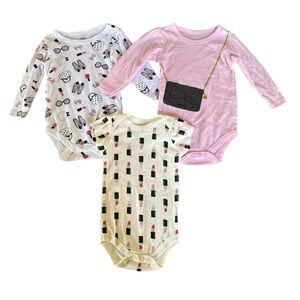Little Treasures 3-6M Fashion Bodysuit Onesie Baby Girl Set 3PC NWOT